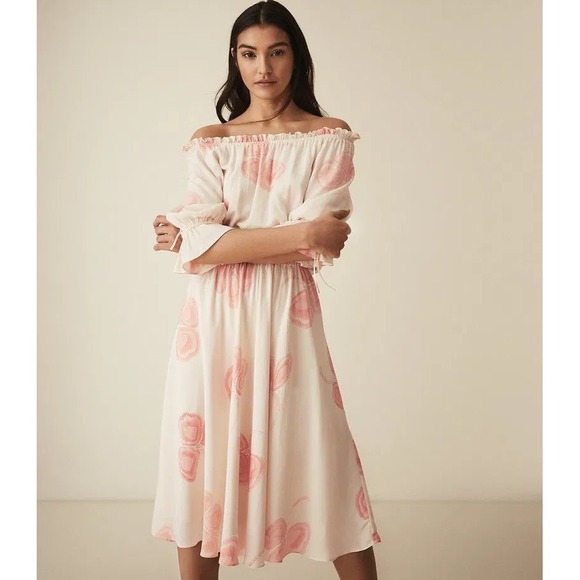 REISS Peaches Floral Bardot Midi Dress Size 4 - Picture 5 of 11